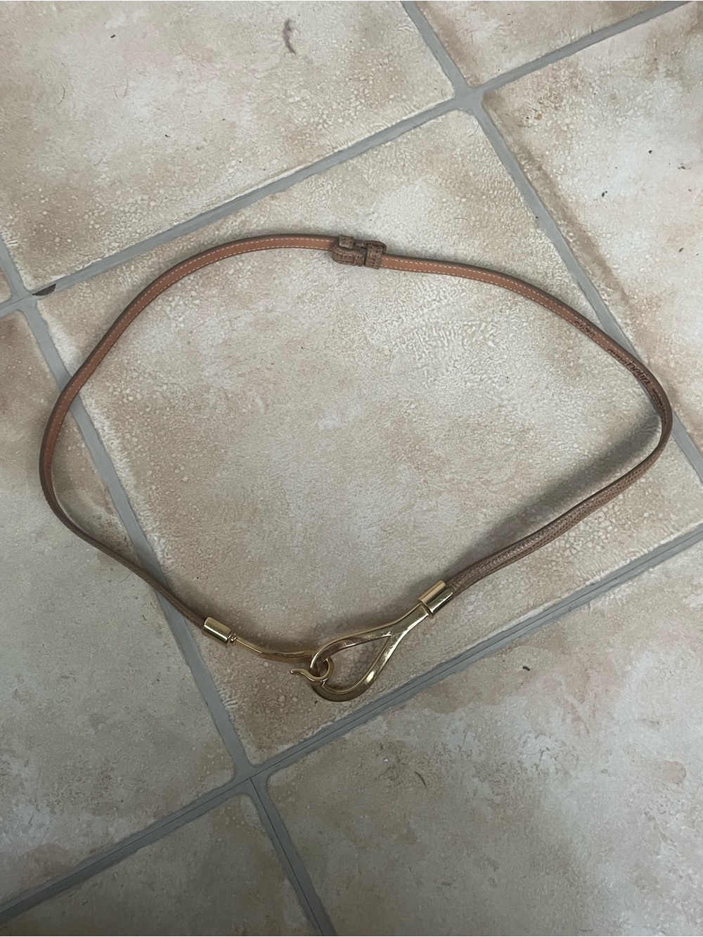 Vintage 1997 Annabella brown leather skinny belt with gold oval hook closure 40”